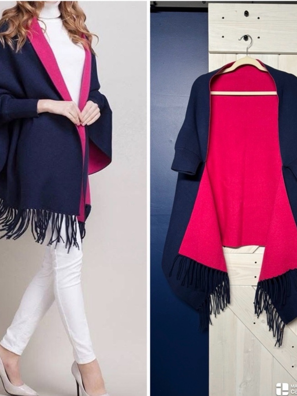 Navy and Hot Pink Fringe Open-Front cardigan
